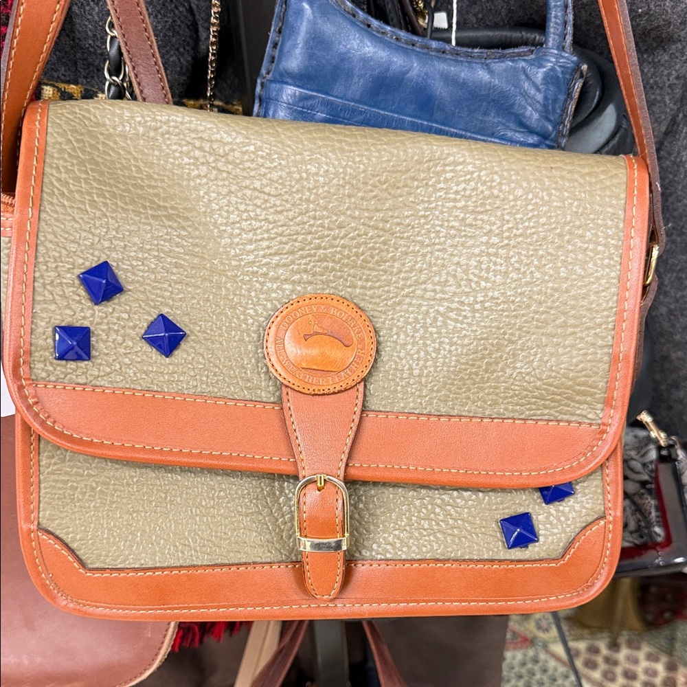 Dooney & Bourke Olive and Tan Pebble Leather Satchel with Blue Studs